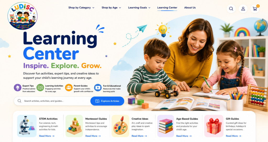 LUDISC Learning Center with a parent and children exploring educational activities