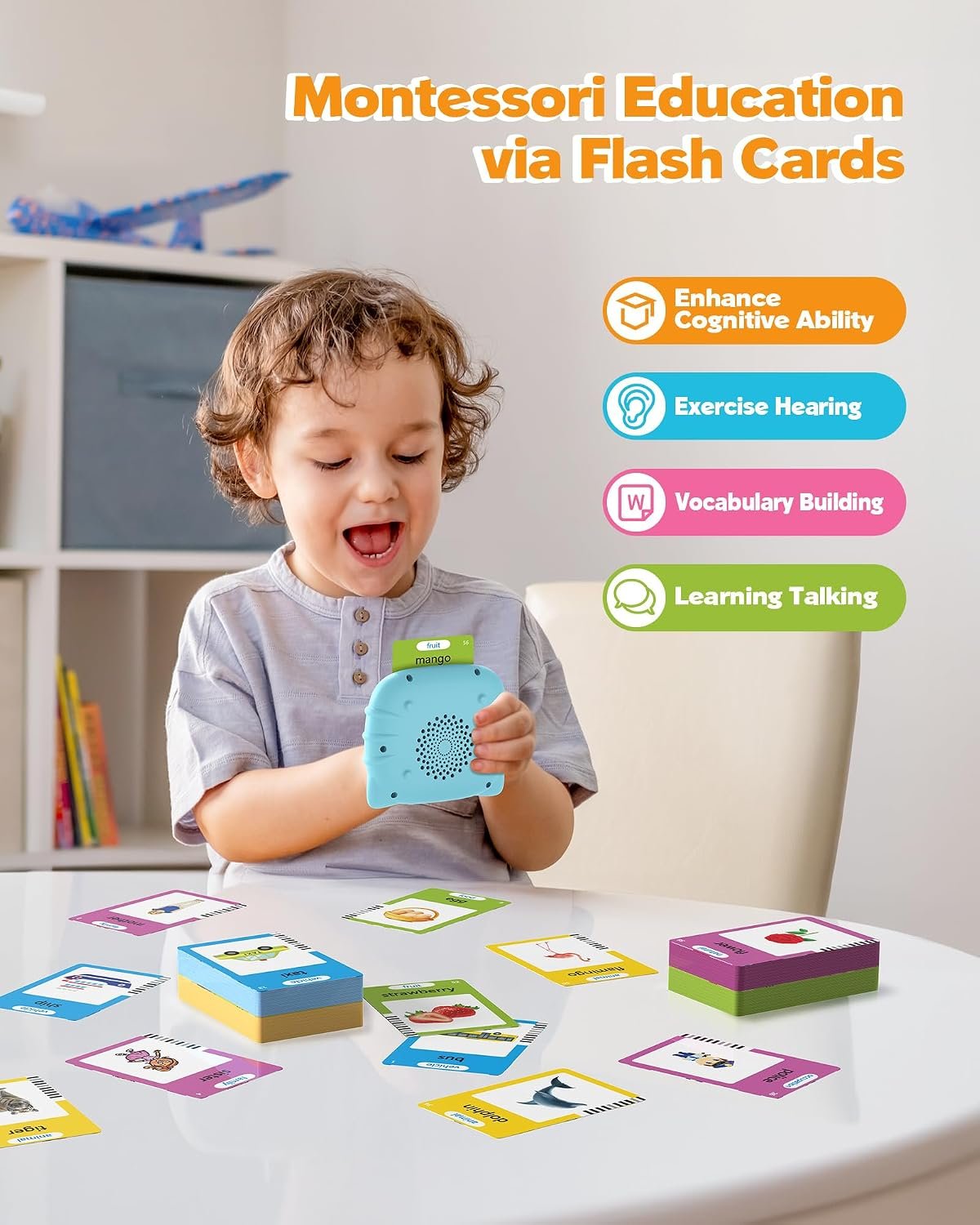 Airbition Talking Flash Cards educational Montessori toy with 224 interactive words for toddlers aged 1 to 4 years.