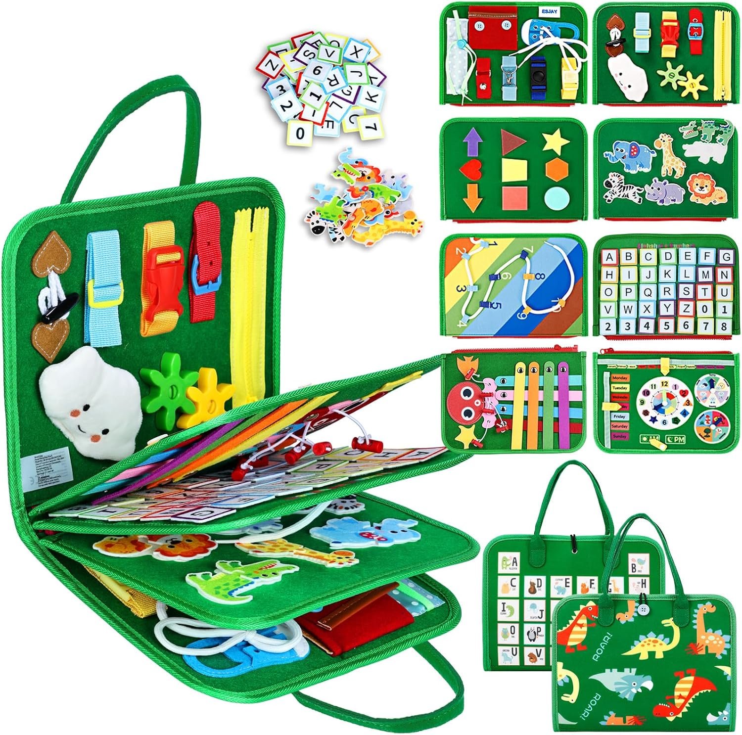 Esjay Montessori Busy Board – Sensory Learning & Travel Toy for Kids, Green - Image 1