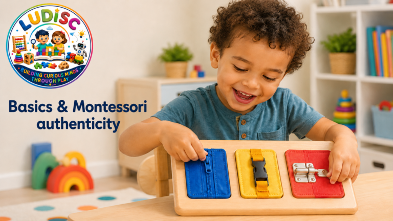 A child exploring a simple practical-life busy board with a zipper, buckle and latch.