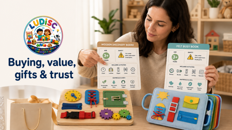 Parent comparing age labels, warnings, included activities and product information before buying.