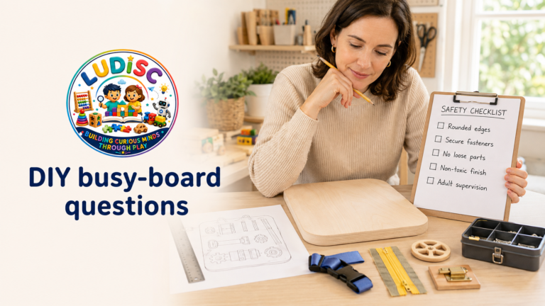 Adult planning a homemade busy board with rounded wood and a written safety checklist.