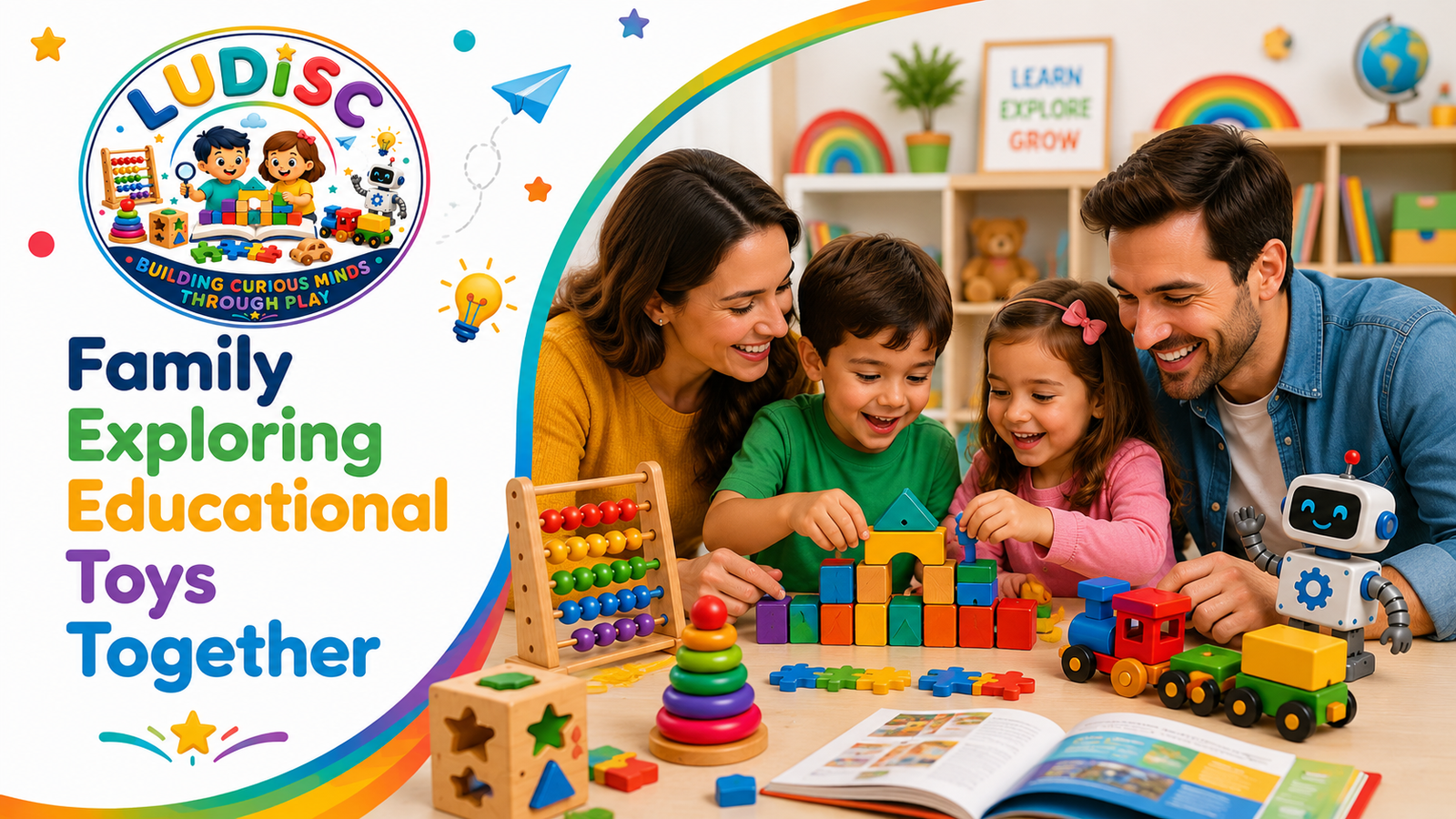 Family exploring educational toys together