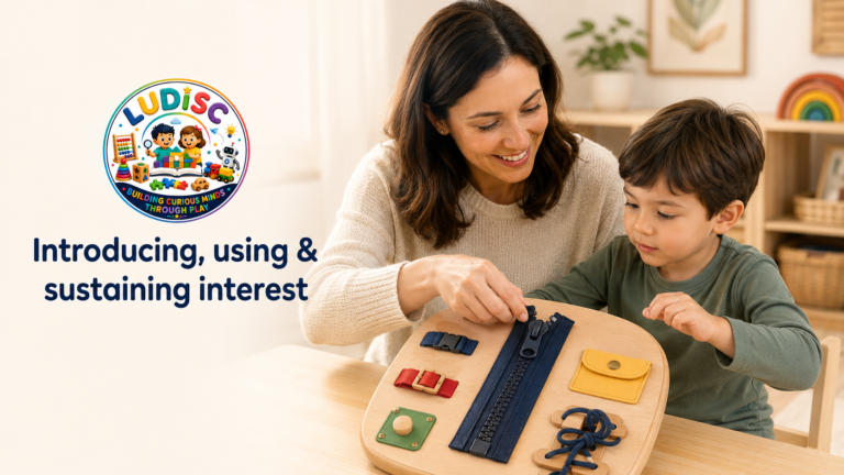 Parent demonstrating one zipper activity while a child watches and prepares to try.