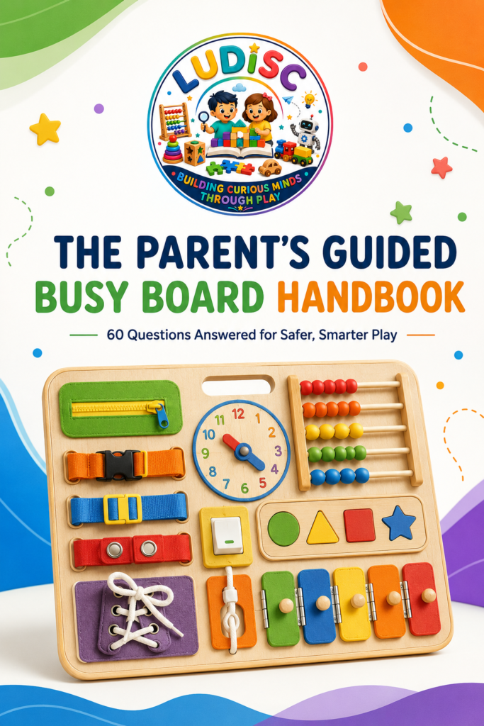 Cover of The Parent's Guided Busy Board Handbook featuring the LUDISC logo and a colorful wooden busy board.