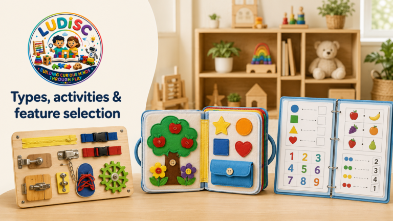 Wooden board, felt busy book and preschool activity binder shown side by side.