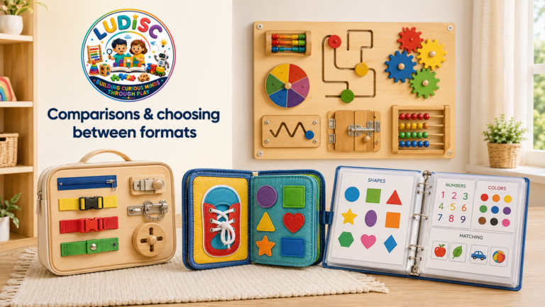 Wooden, felt, wall-mounted and binder-style activity formats arranged for comparison.